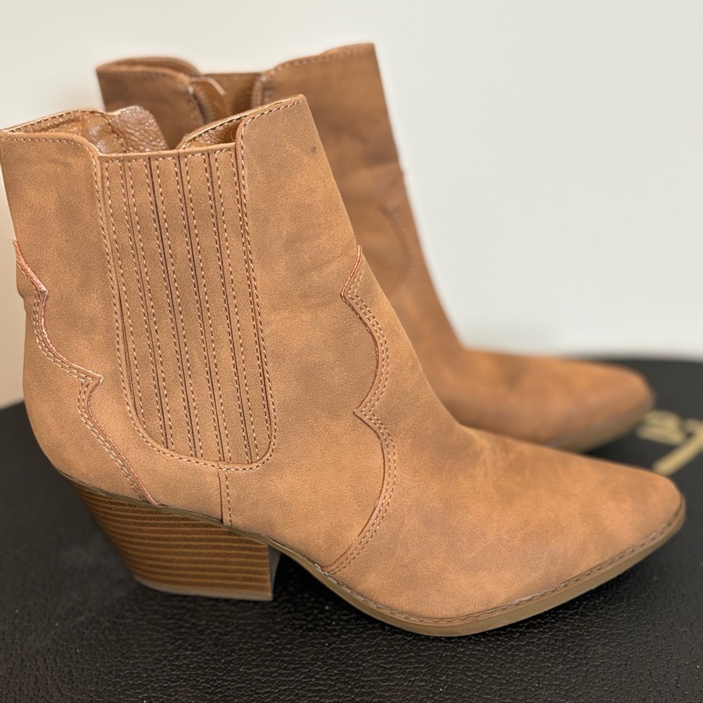 Tan Suede Ankle Booties with Elastic Panels